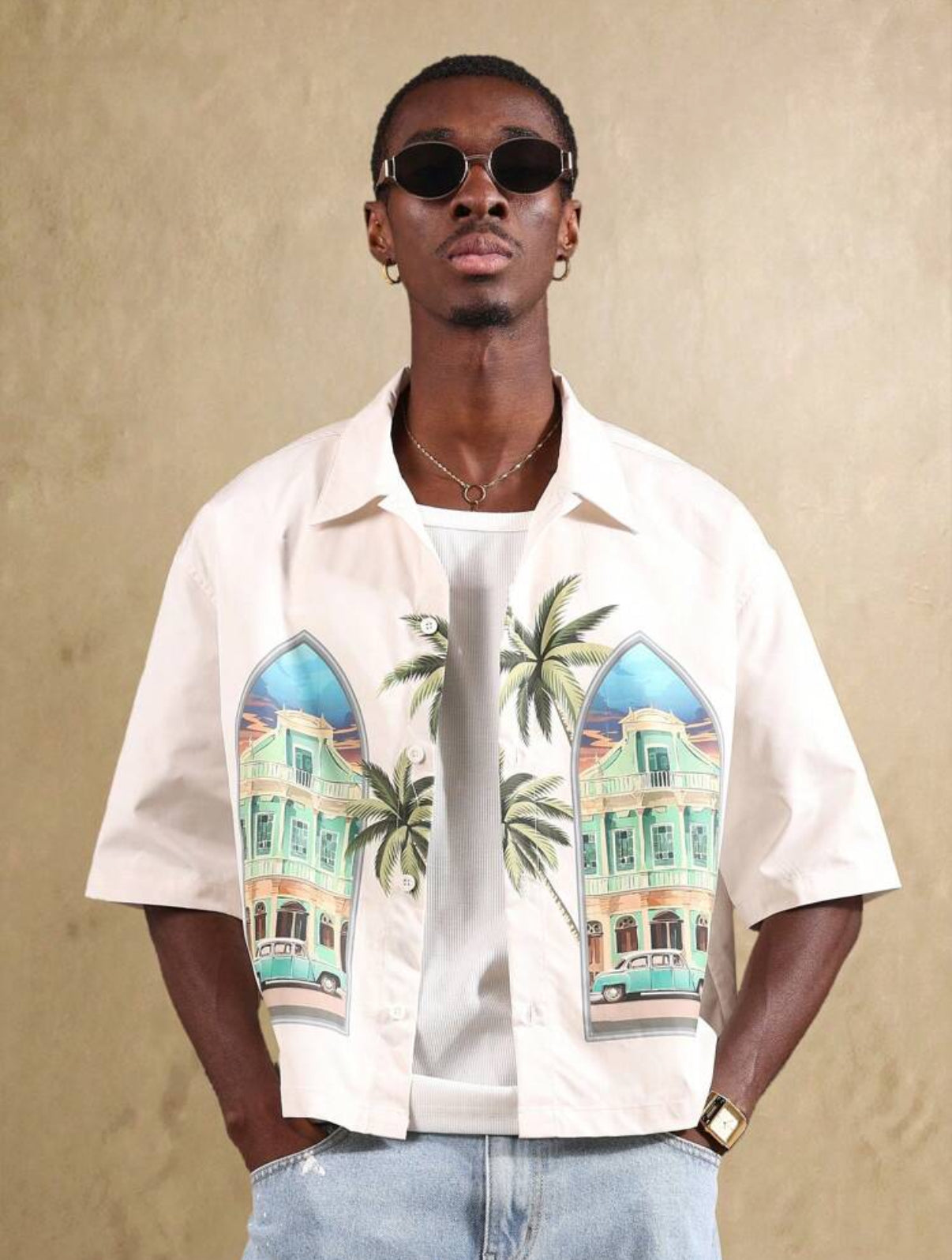 Boxy fit shirt with beach vibe print in ecru
