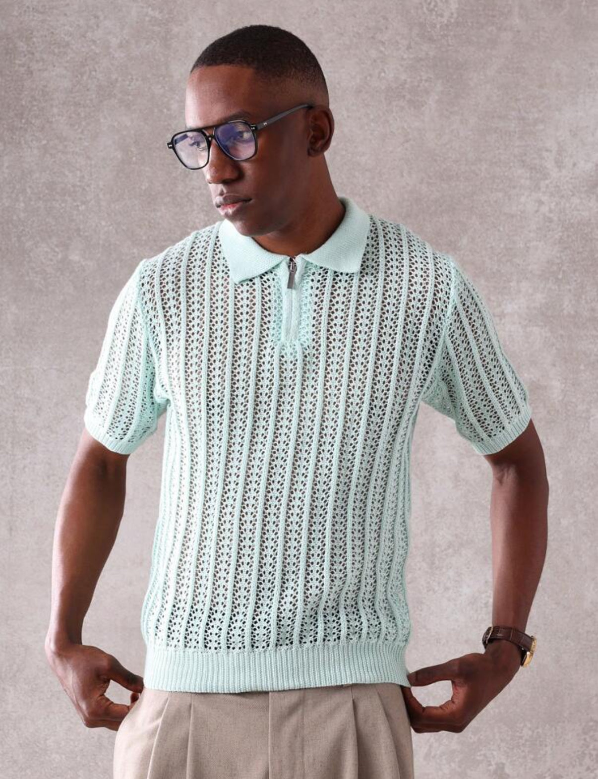 Knitted Polo Shirt with a zip in Mint Green