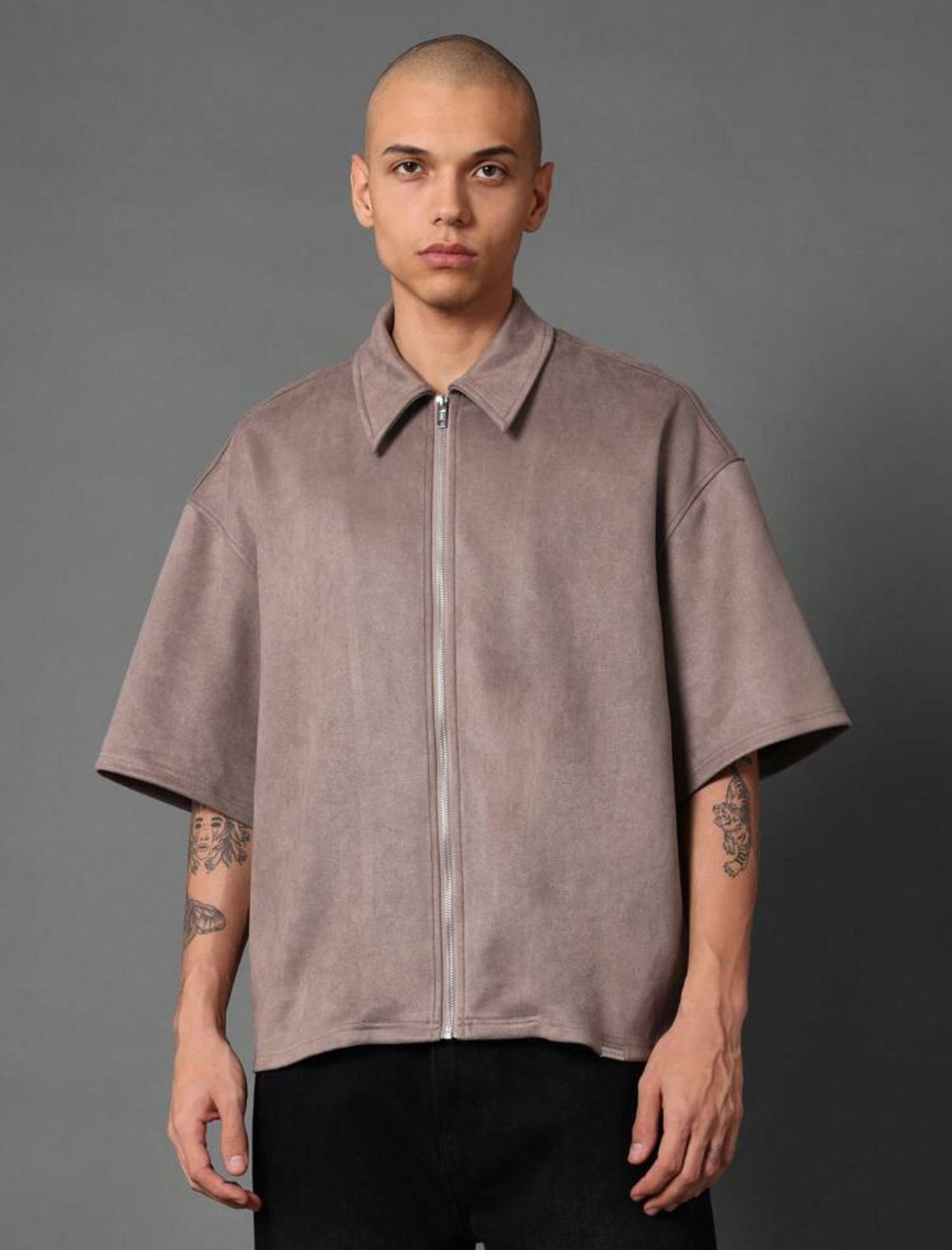 Velvet zip up overshirt in beige