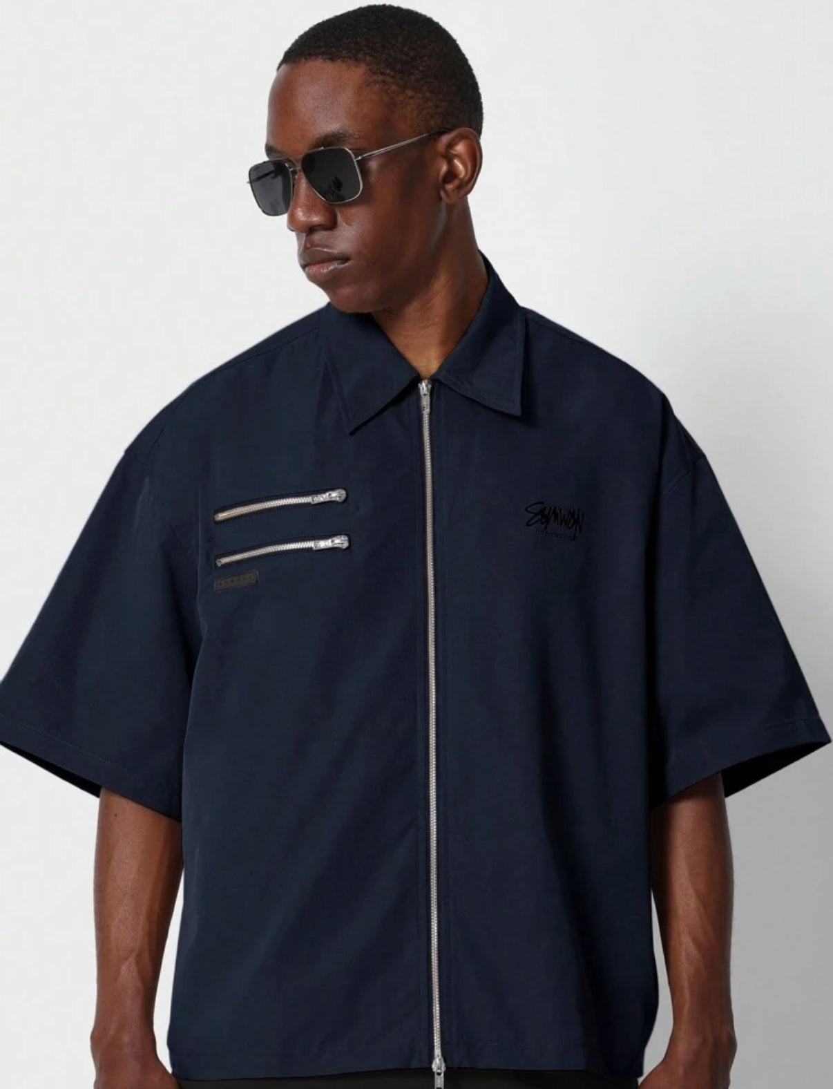 Boxy fit zip up shirt in navy