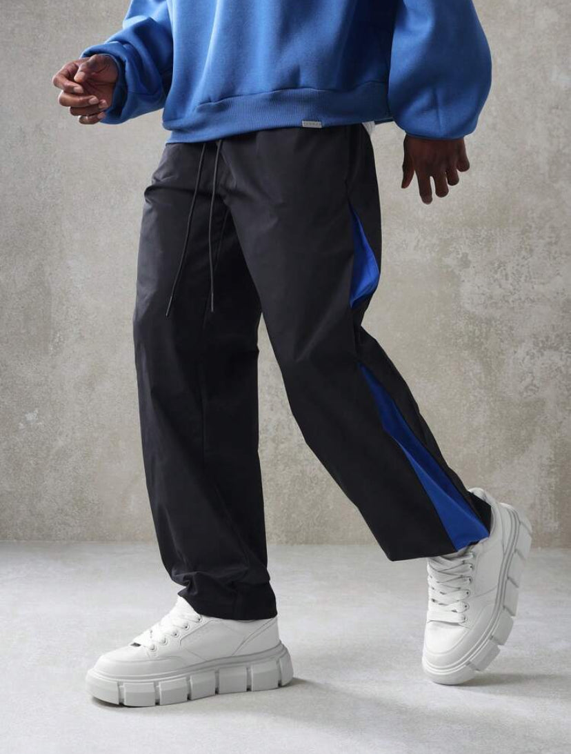 Wide Leg Jogger Pants with Blue Panel in Black