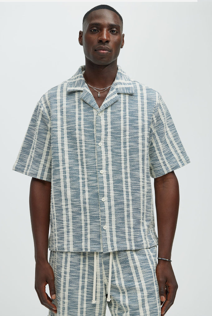Revere Collar Shirt in striped Blue & Grey