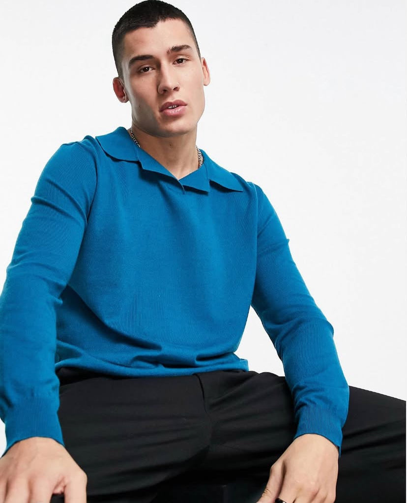 Knitted Polo Long Sleeve Shirt in Blue