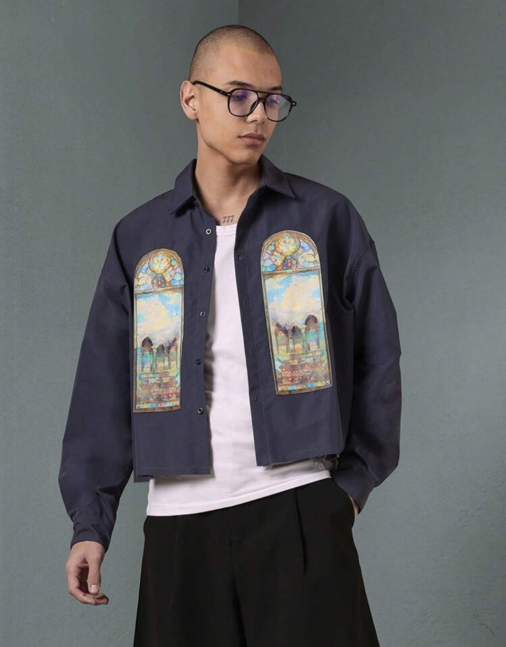 Oversized Jacket with front vintage window print in Navy