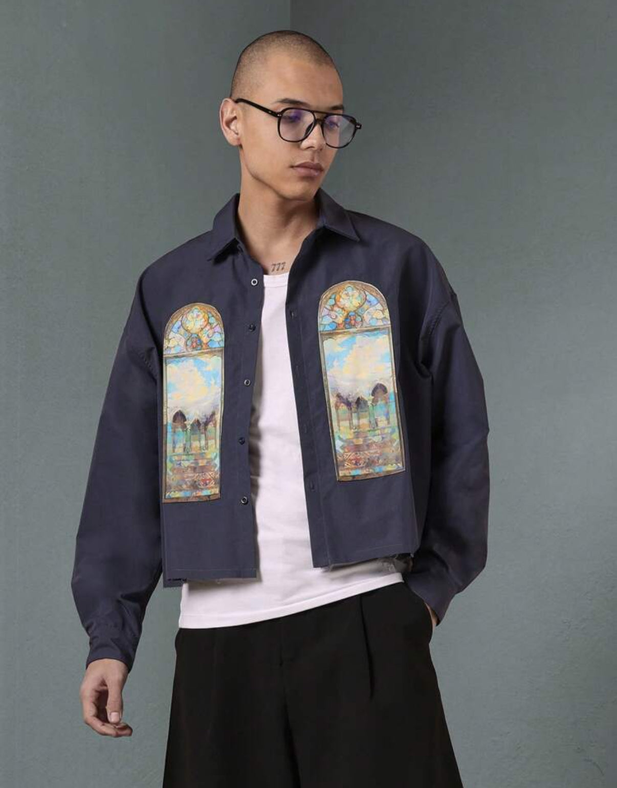 Oversized Jacket with front vintage window print in Navy