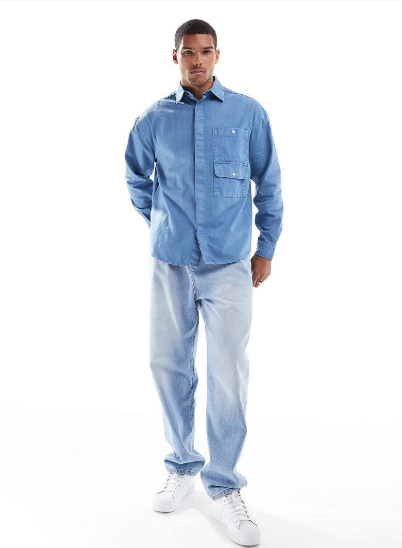 Denim Overshirt with Pocket in Blue