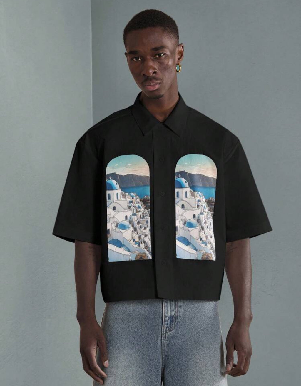 Premium Boxy fit shirt with Santorini print in black