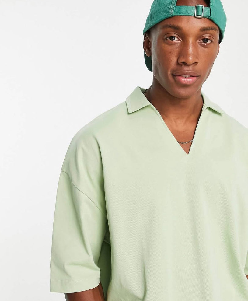 Oversized Polo V-neck Shirt in Green