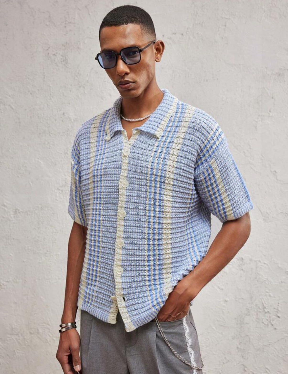 Knitted Button Up Shirt in Blue