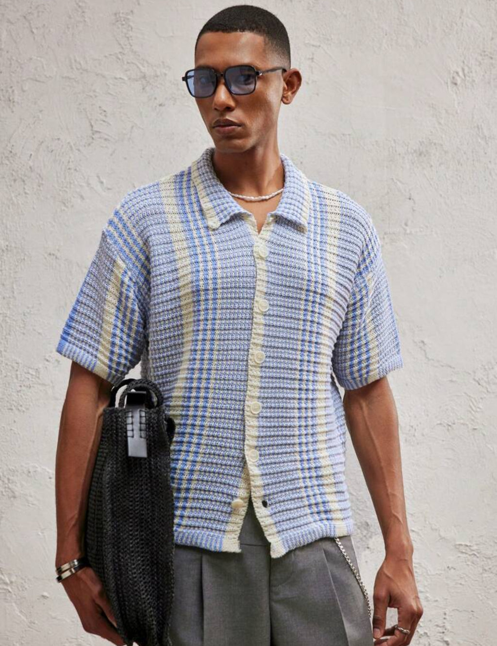 Knitted Button Up Shirt in Blue