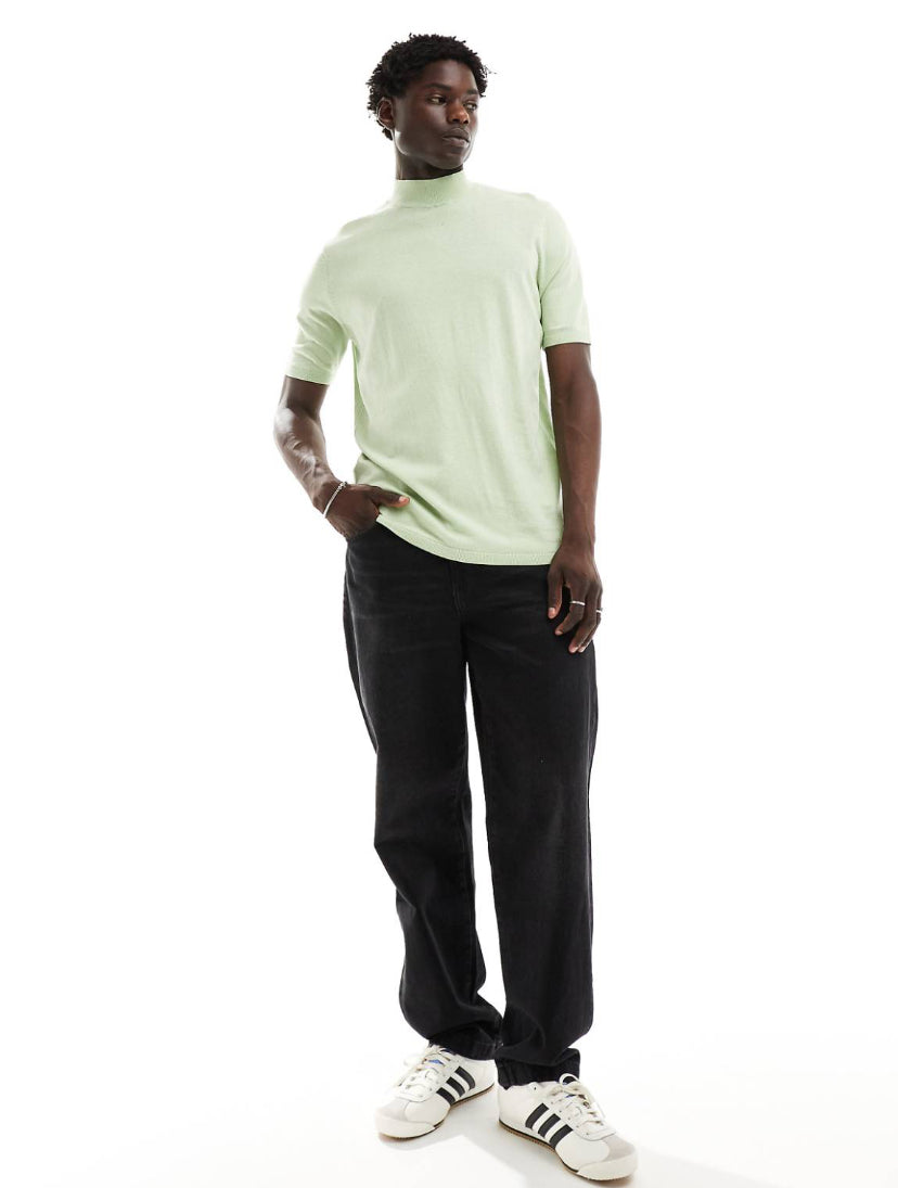 High Neck Knitted T-shirt in Lime Green