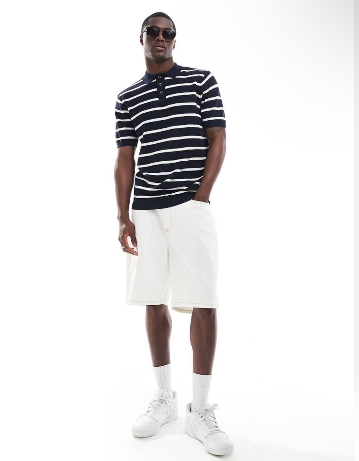 Knitted Polo Shirt in Striped Blue