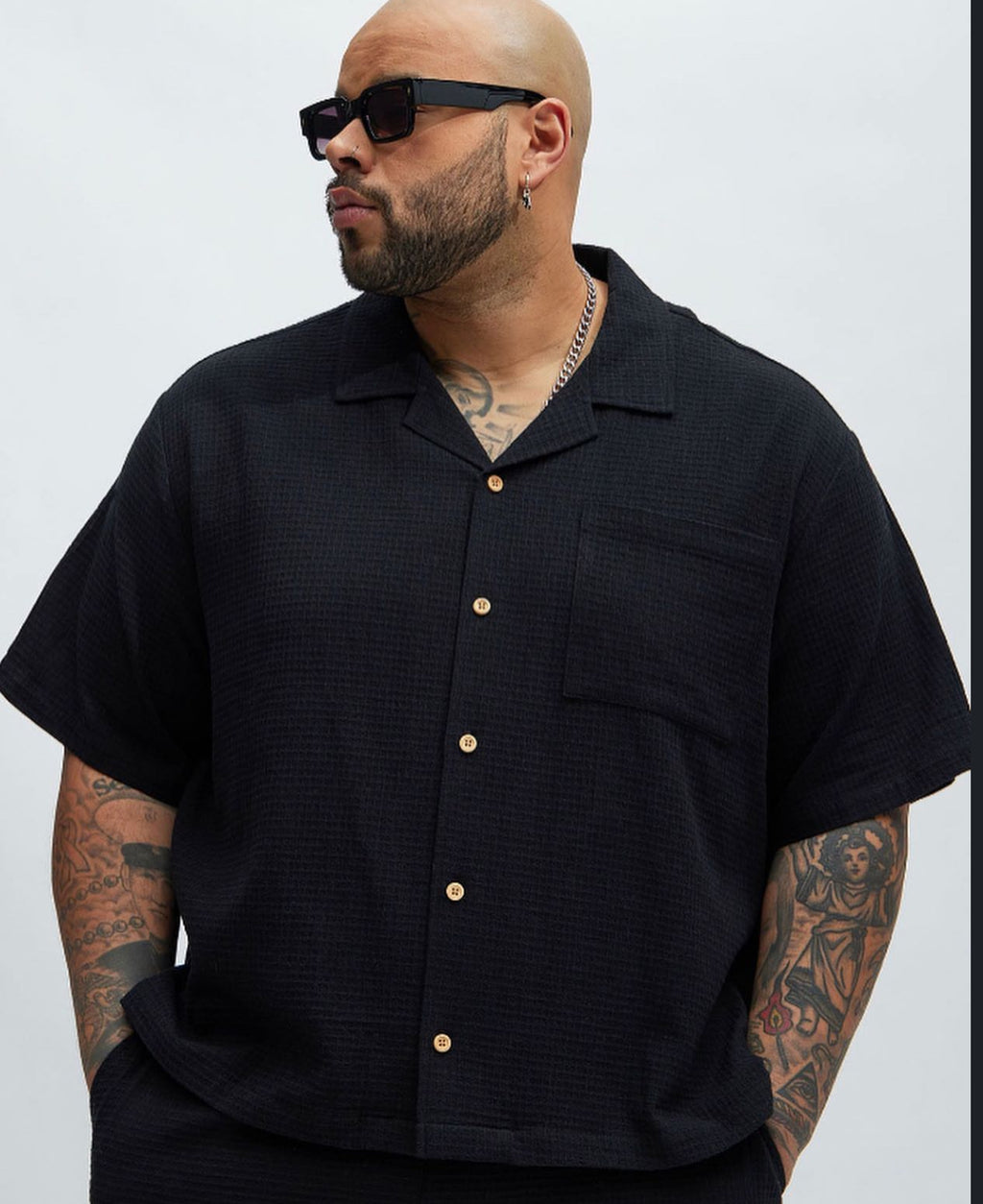 Textured Shirt with Distinct Button in Black