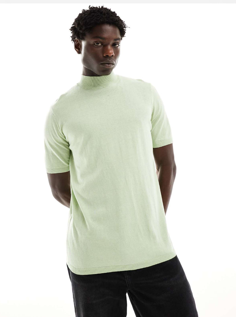 High Neck Knitted T-shirt in Lime Green