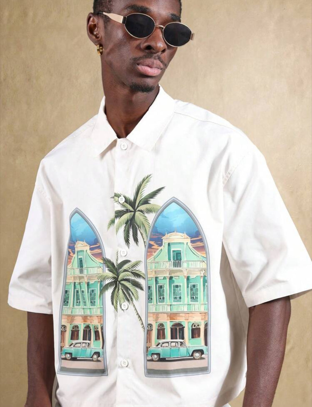 Boxy Fit Shirt with Beach Print in Beige