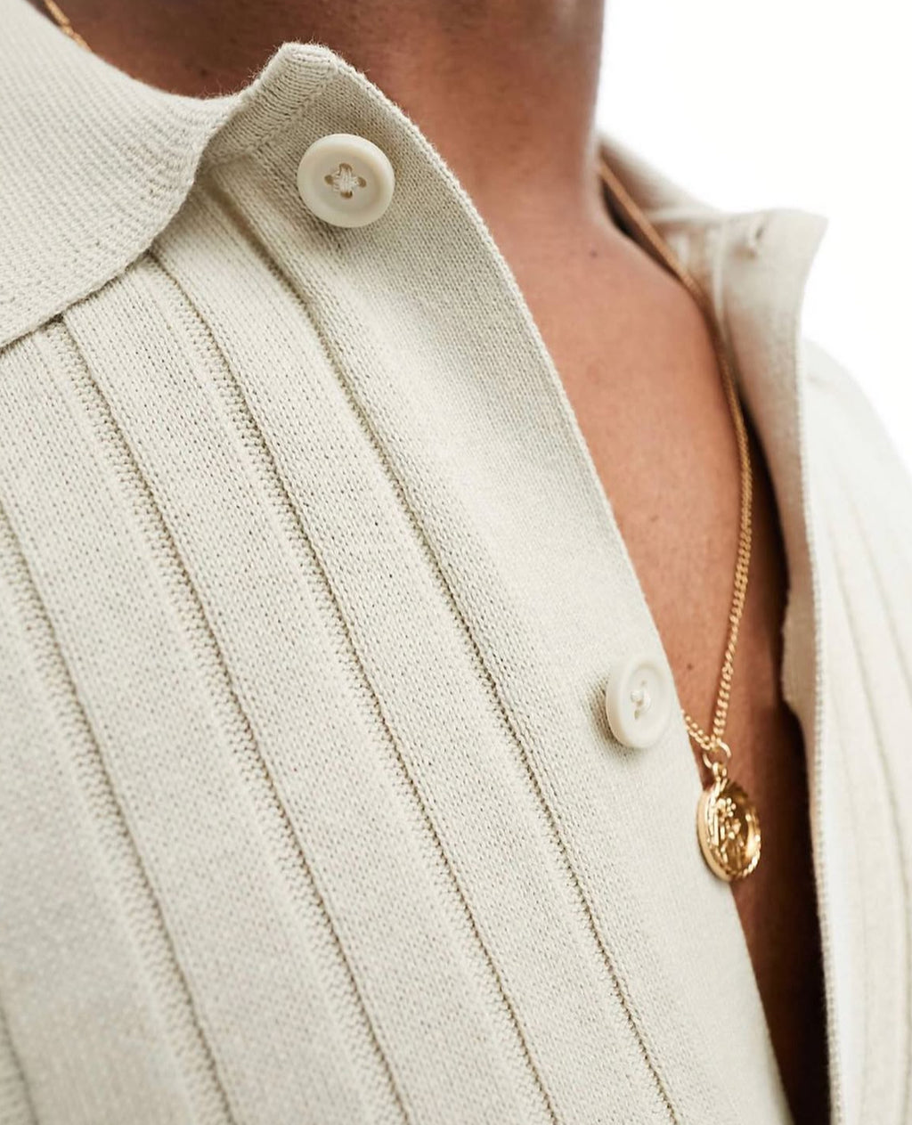 Ribbed Knitted Button Shirt in Beige