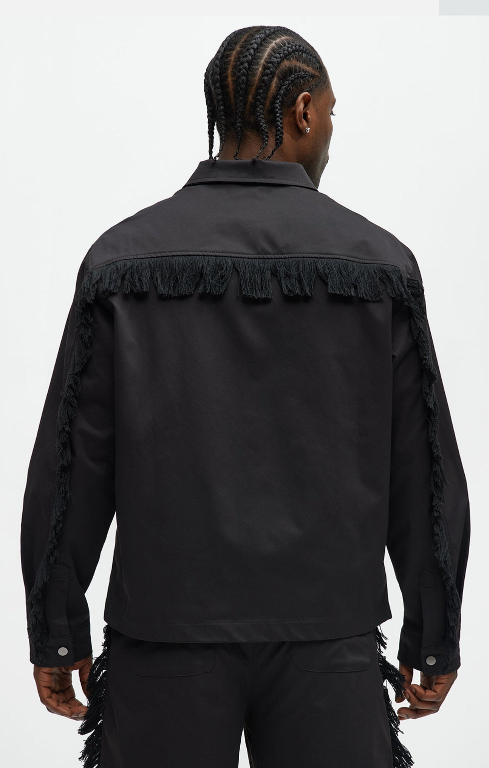 Frayed button up shacket in black