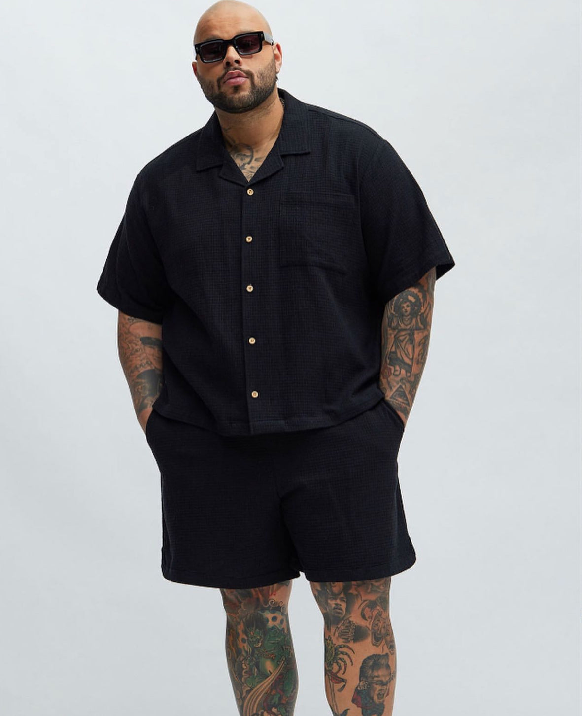 Textured Shirt with Distinct Button in Black