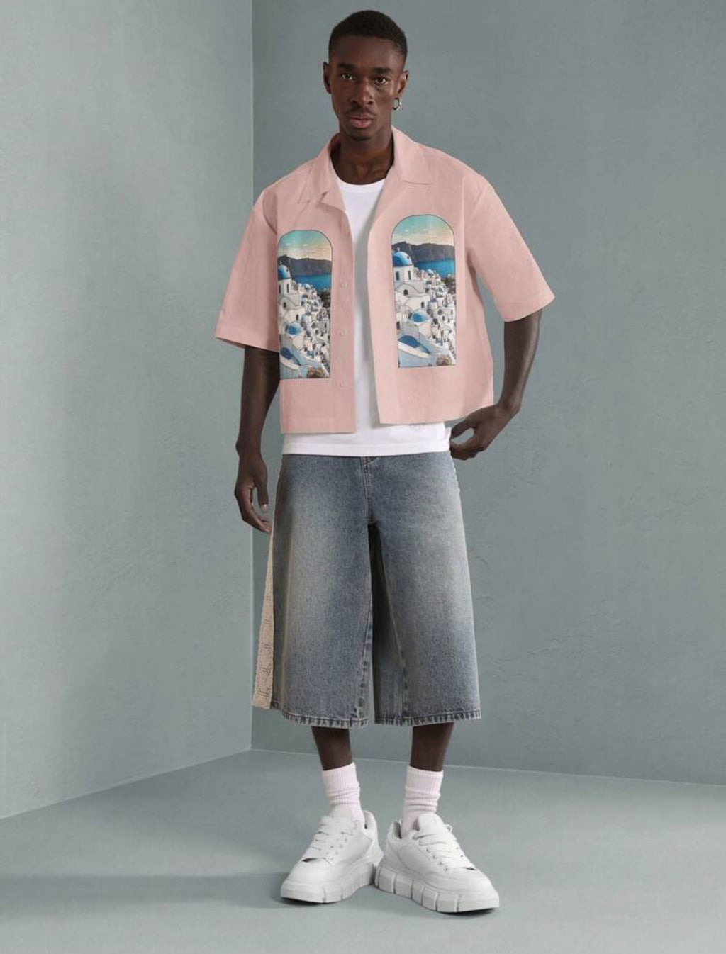 Premium Boxy fit shirt with Santorini print in white