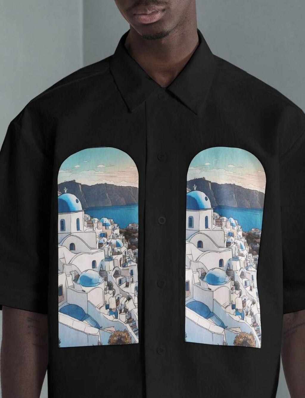 Premium Boxy fit shirt with Santorini print in black