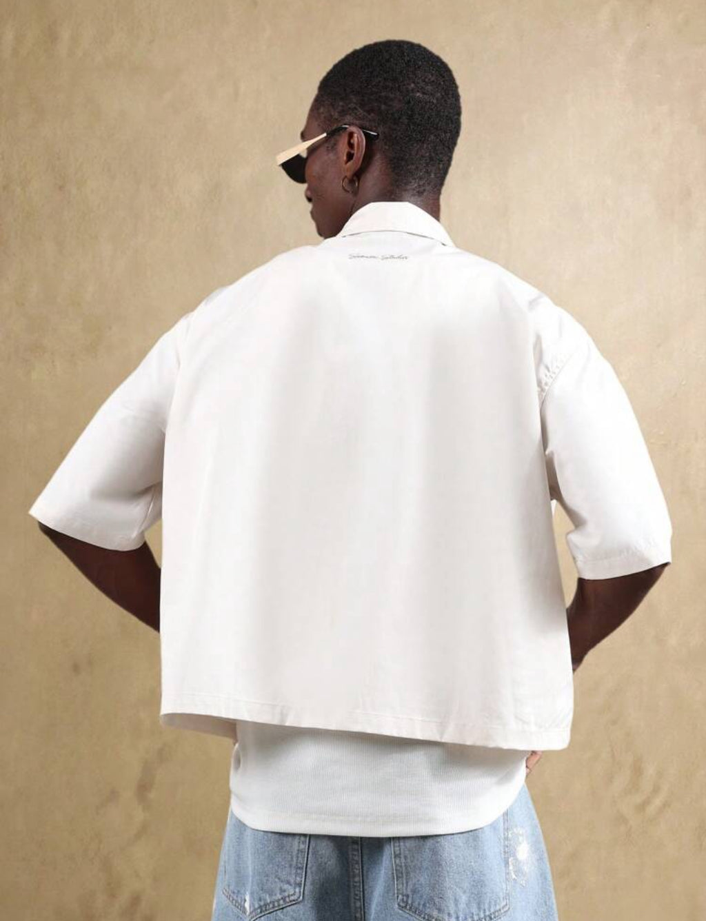 Boxy Fit Shirt with Beach Print in Beige