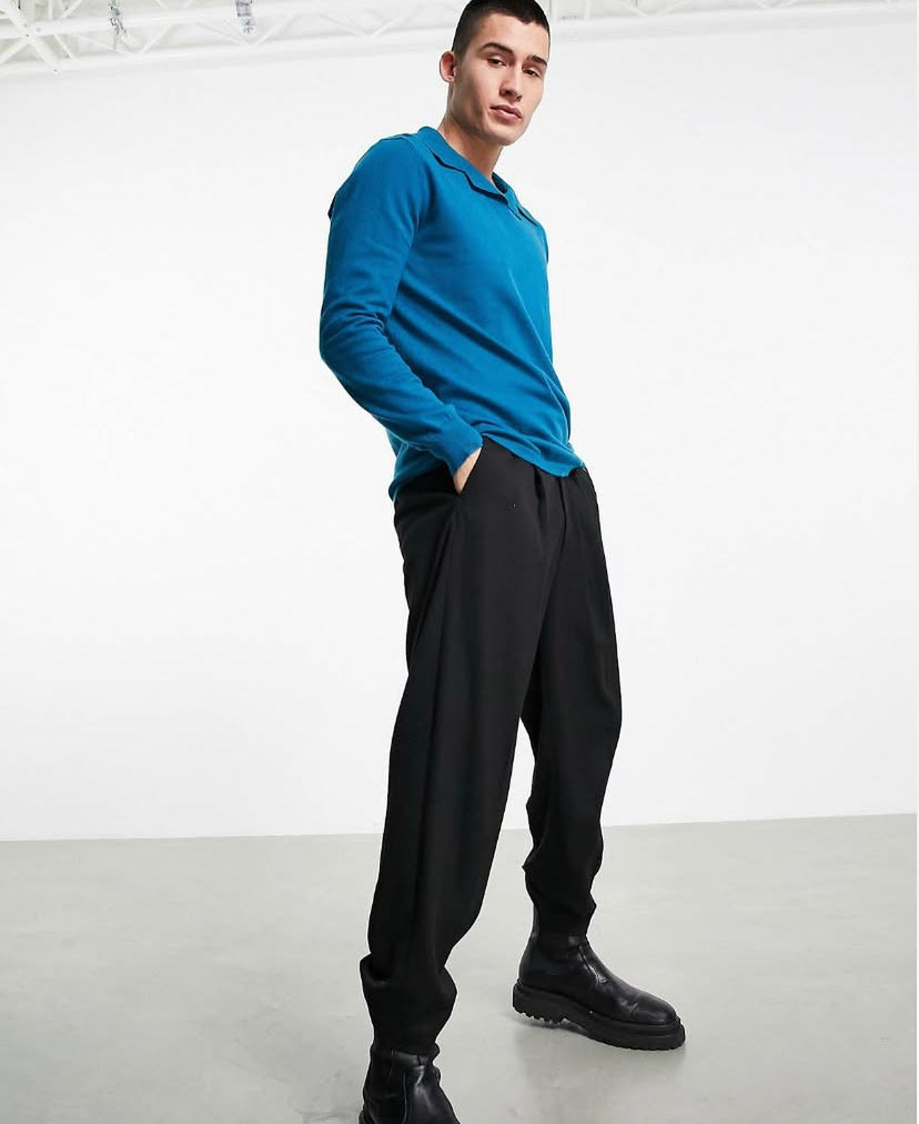 Knitted Polo Long Sleeve Shirt in Blue