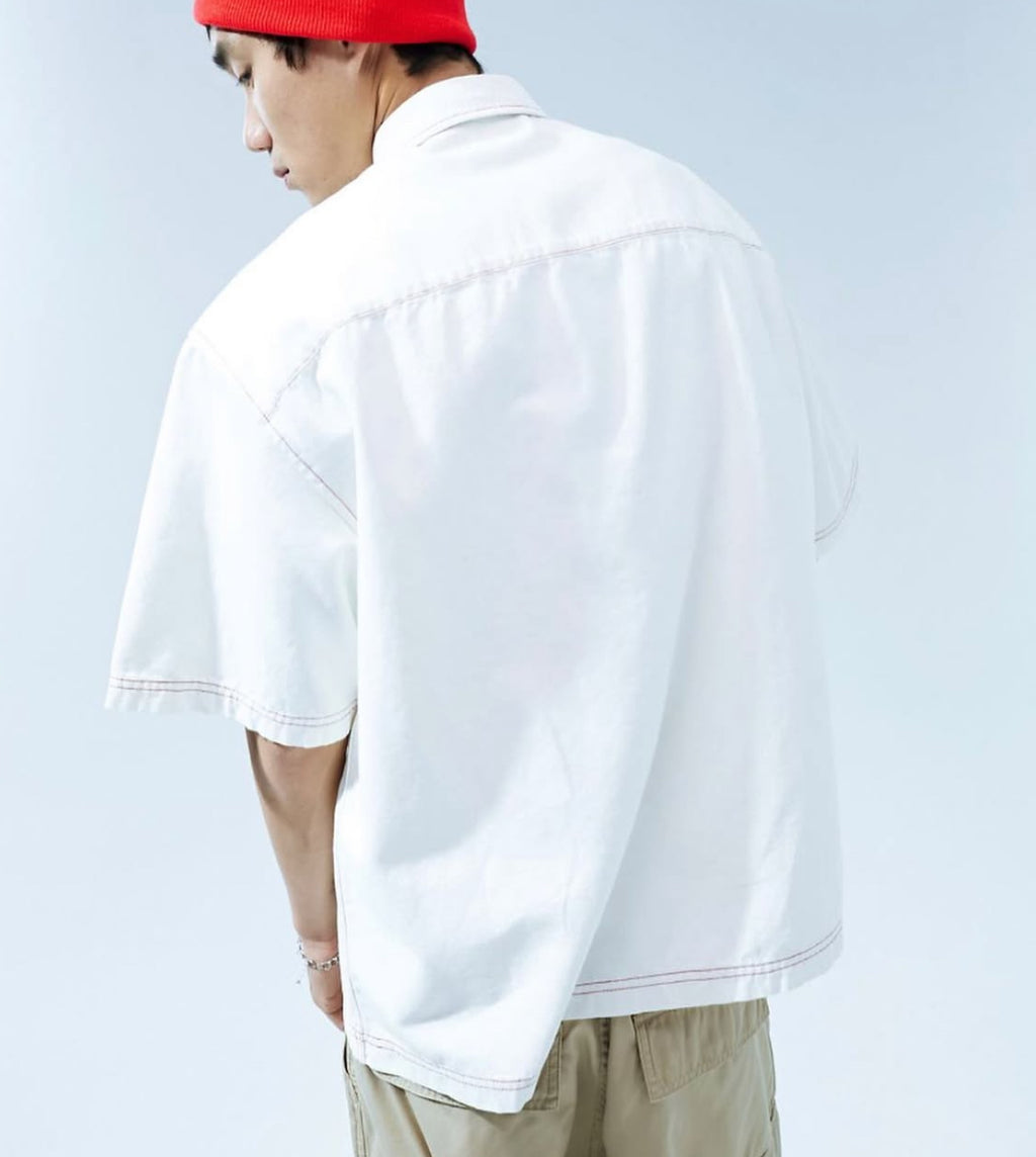 Oversized Shirt in White with Detailed Red Stitch