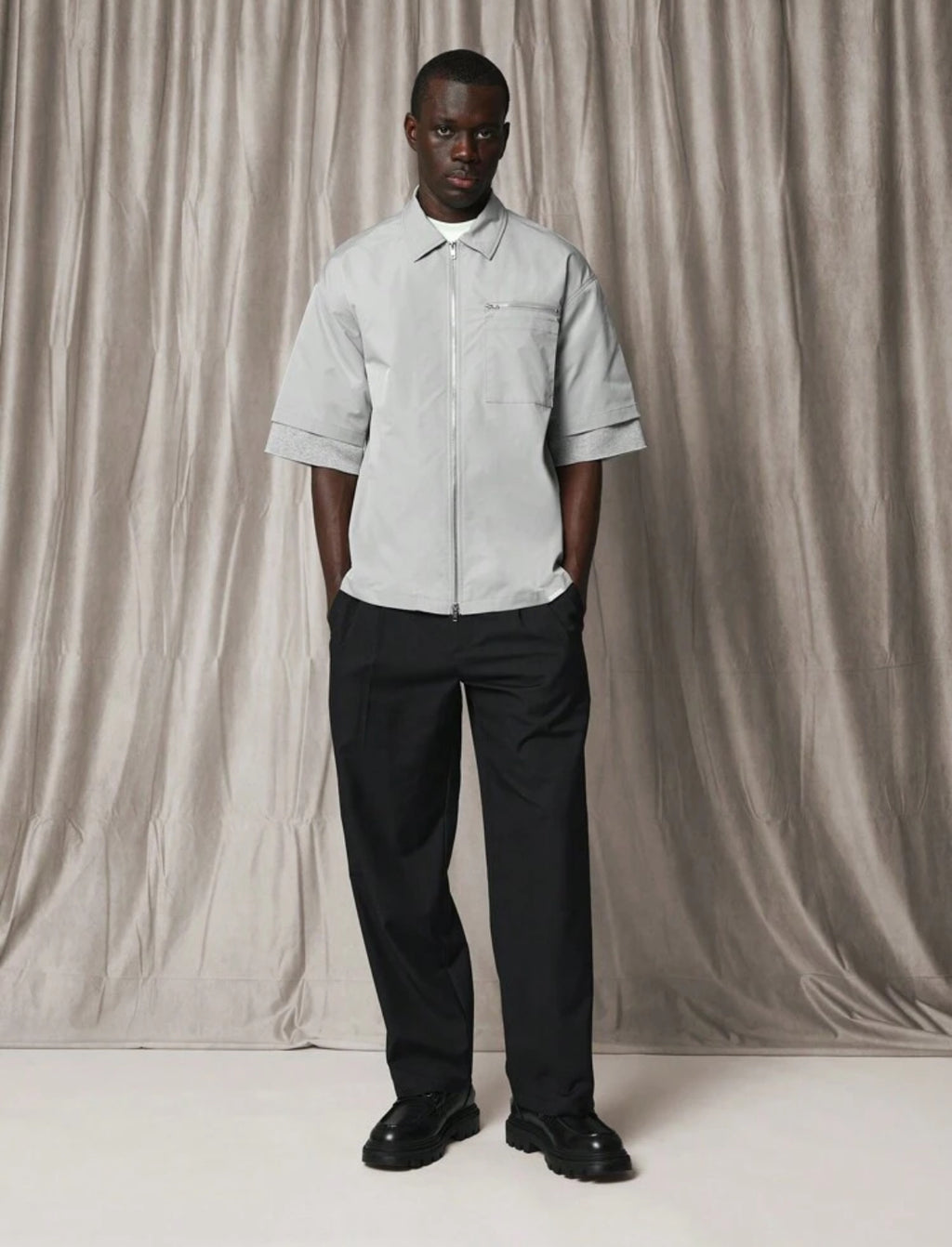 Boxy Fit Shirt with Zip and Pocket in Grey