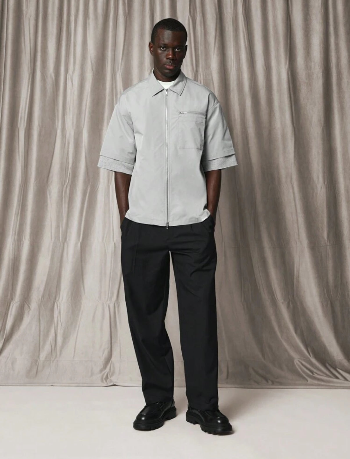 Boxy Fit Shirt with Zip and Pocket in Grey