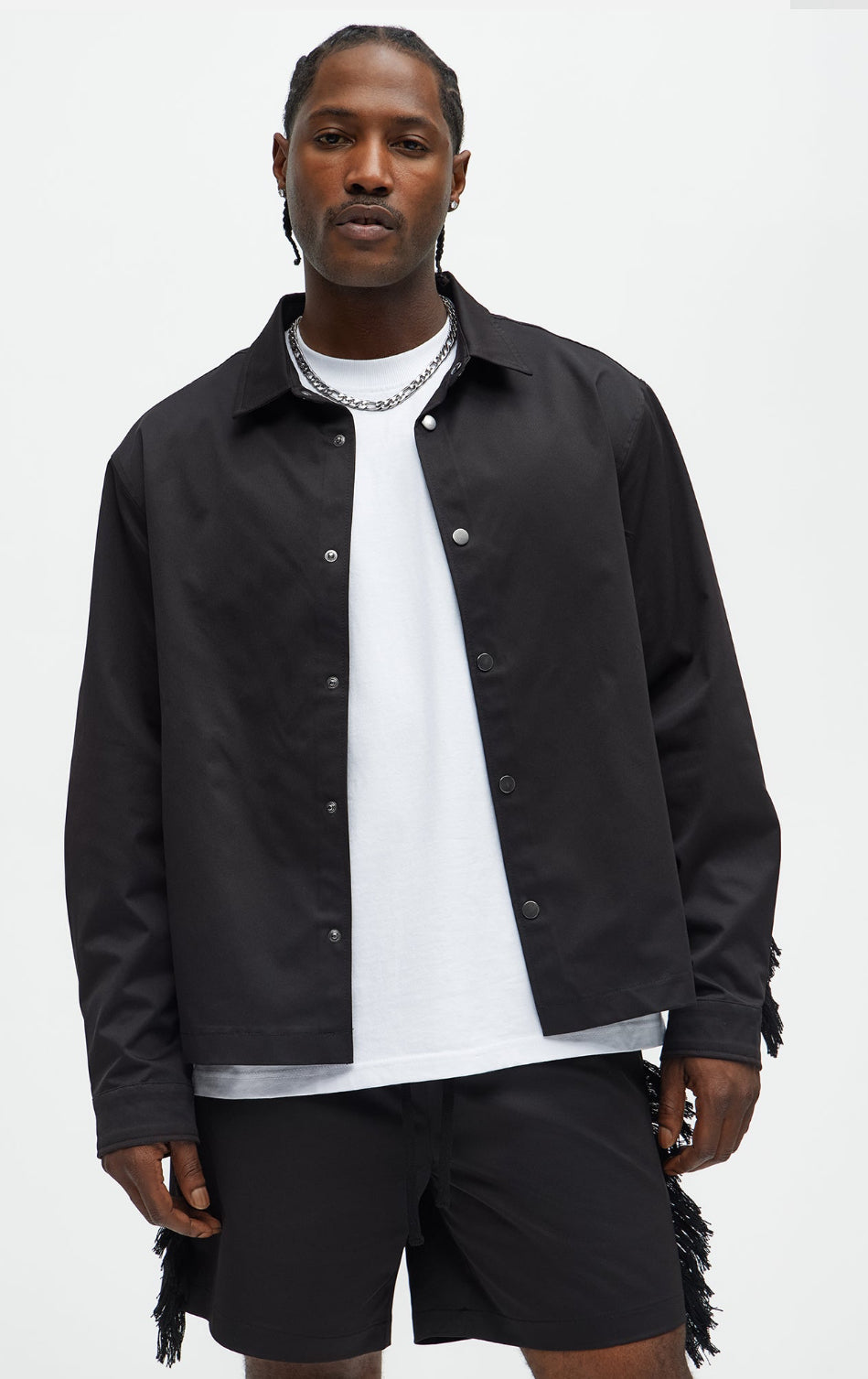 Frayed button up shacket in black