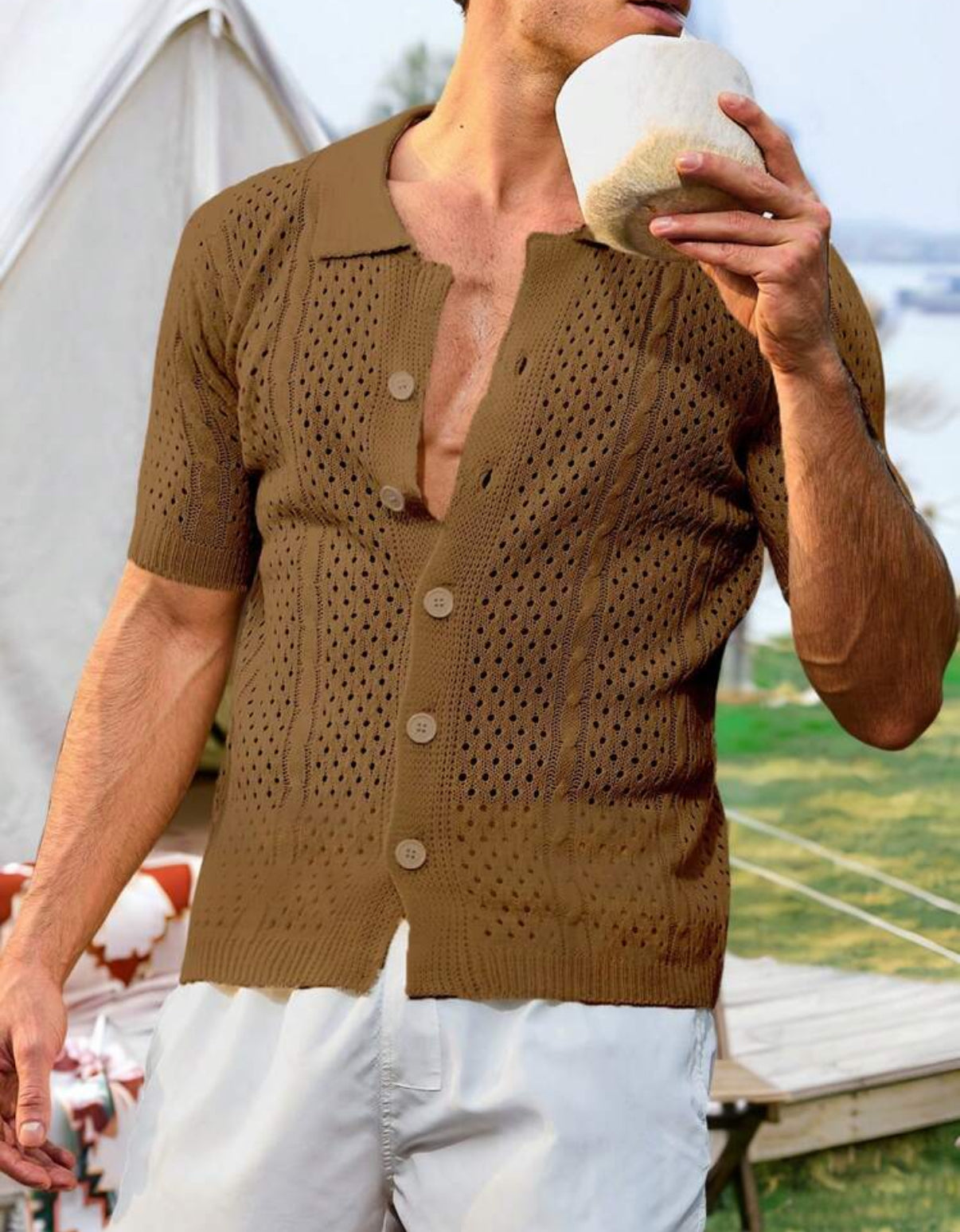 Knitted revere collar shirt in brown