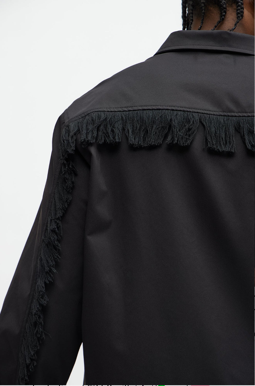 Frayed button up shacket in black