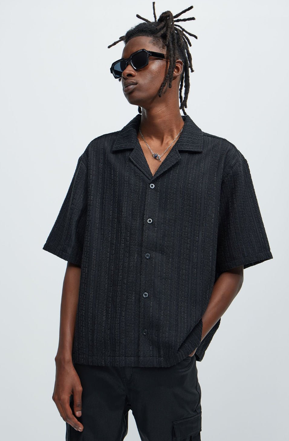 Premium Textured Short Sleeve Shirt in Black