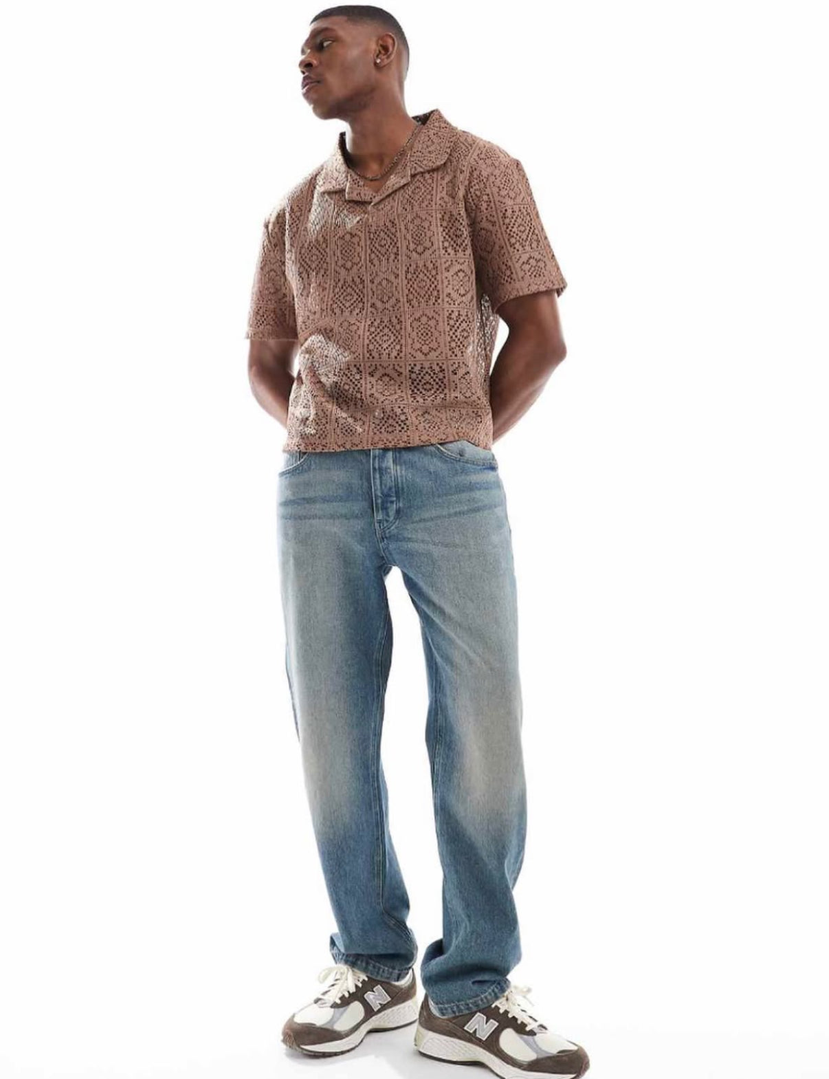 Open Textured Polo Shirt in Brown