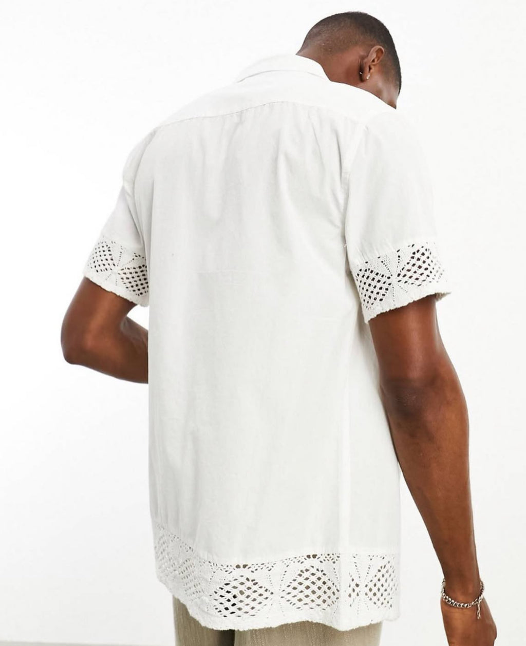 Revere Collar Short Sleeve Shirt with detailed Knit in White