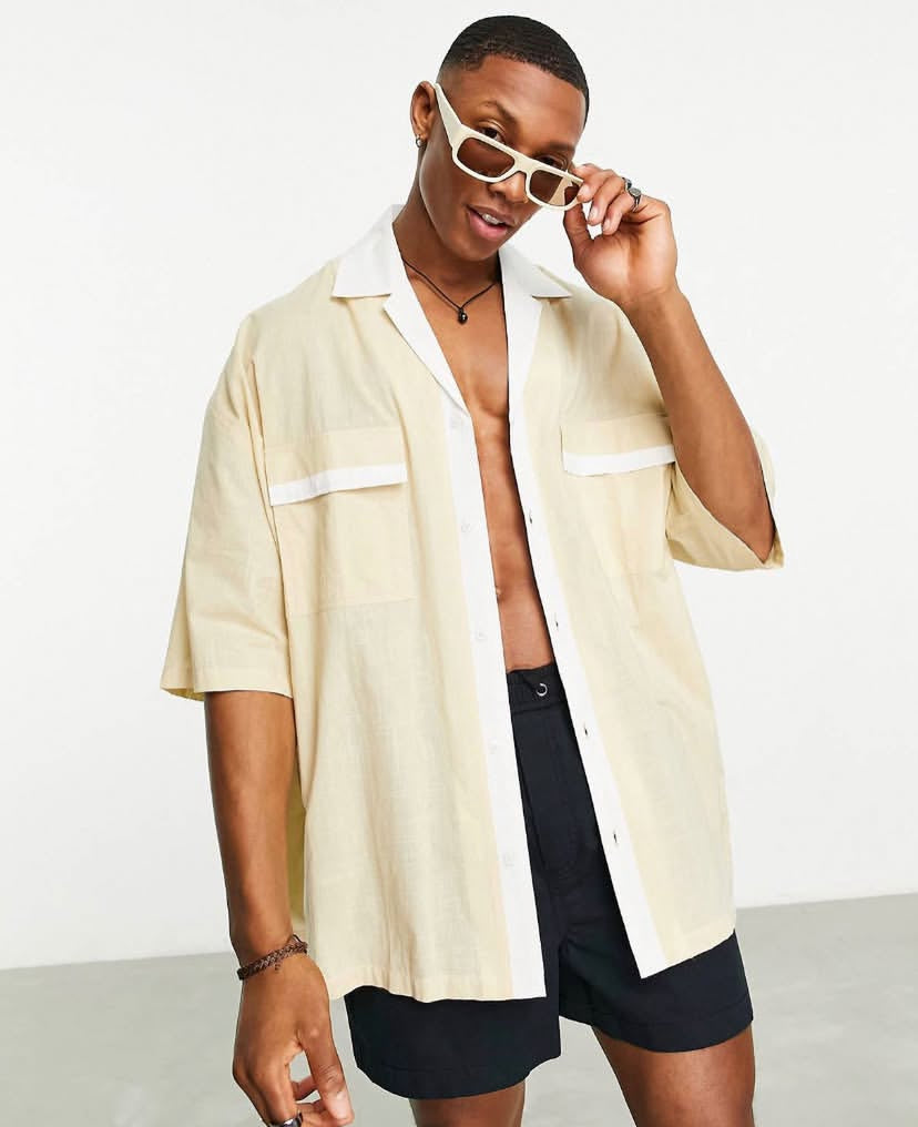 Revere Collar Shirt with Pocket in Beige