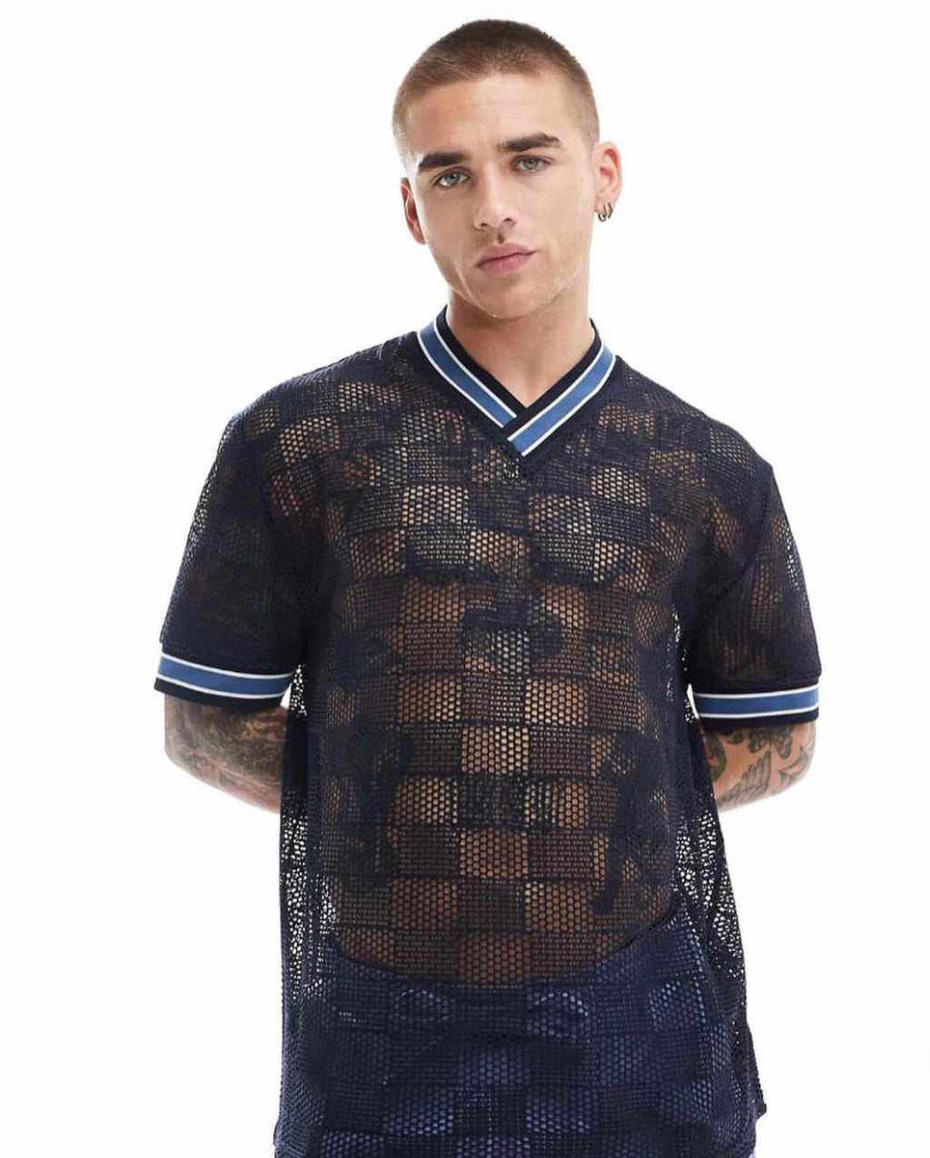 Open Knitted Shirt with Pipping Details in Navy