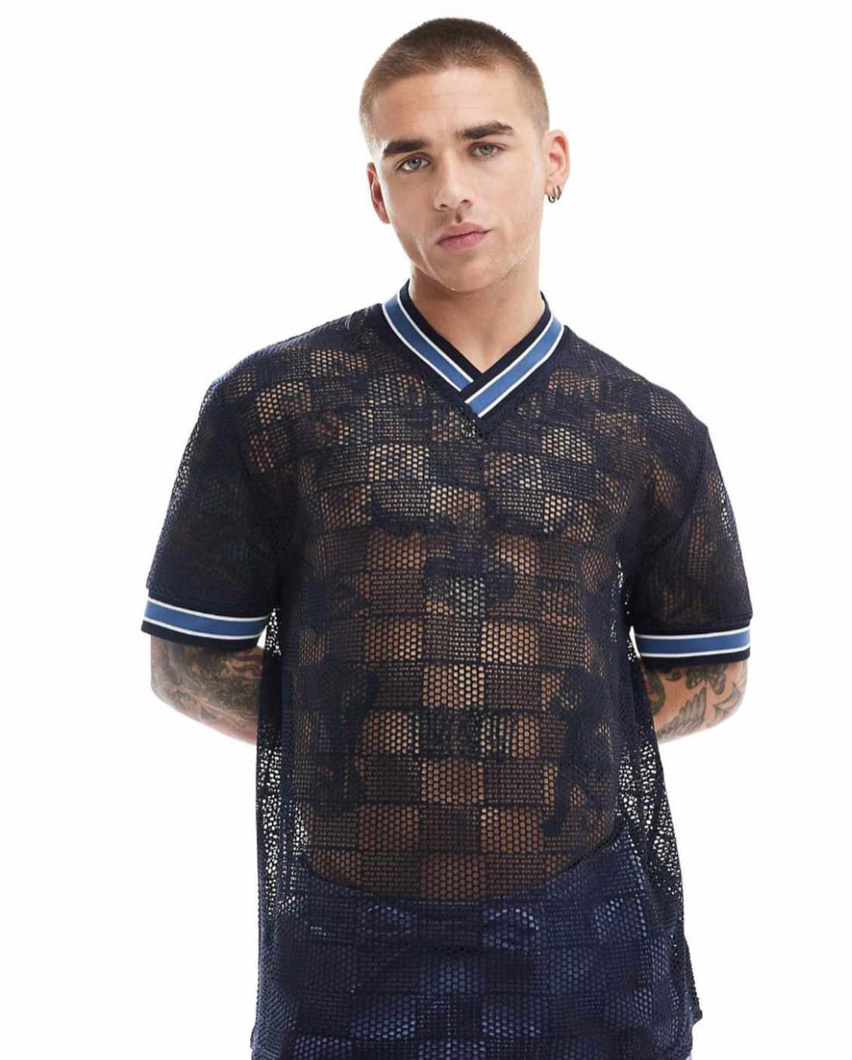 Open Knitted Shirt with Pipping Details in Navy