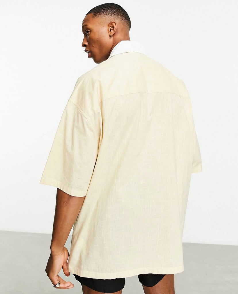 Revere Collar Shirt with Pocket in Beige