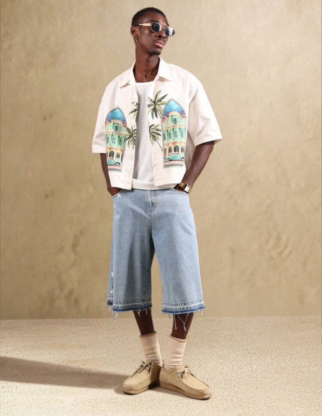 Boxy Fit Shirt with Beach Print in Beige