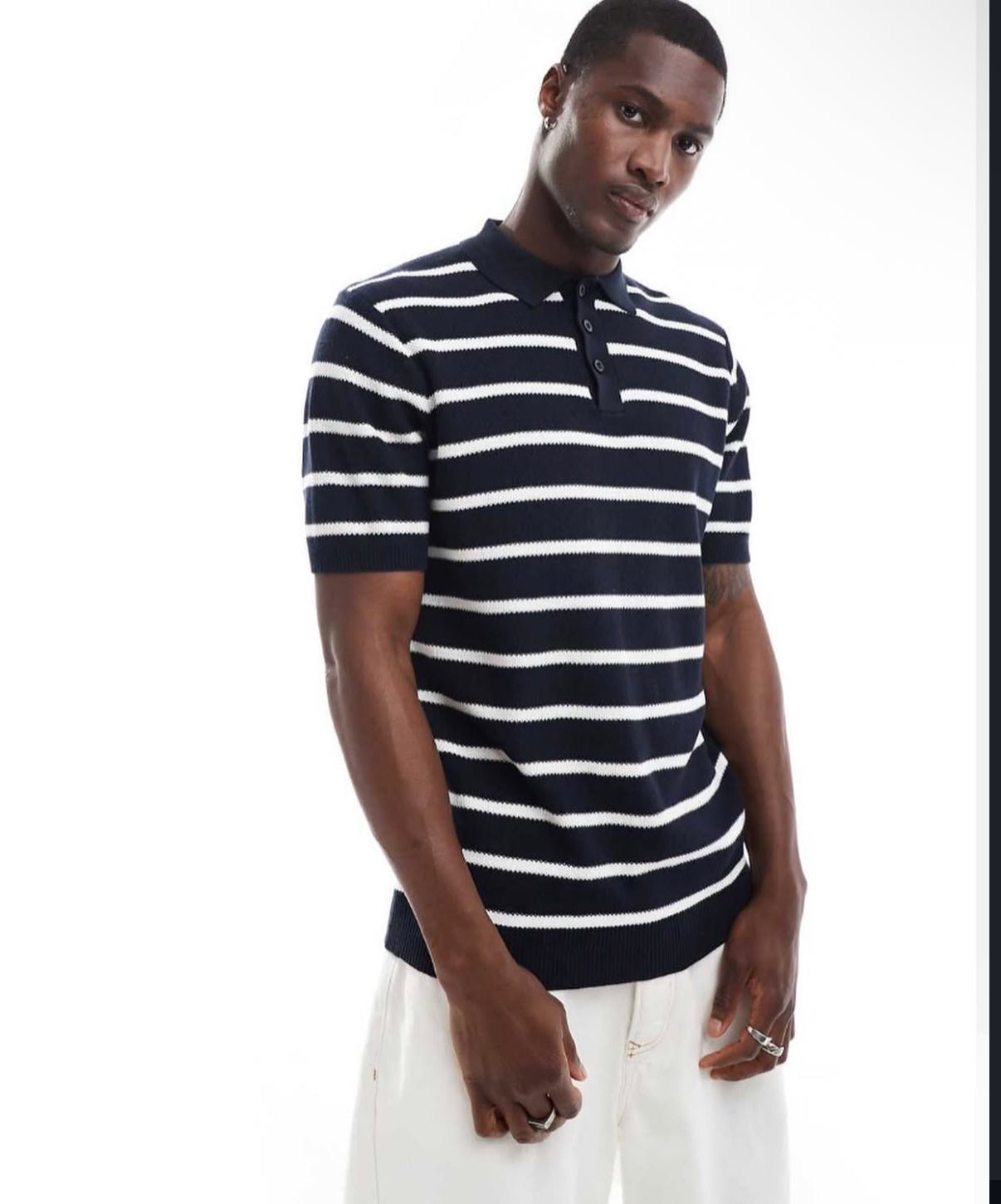 Knitted Polo Shirt in Striped Blue