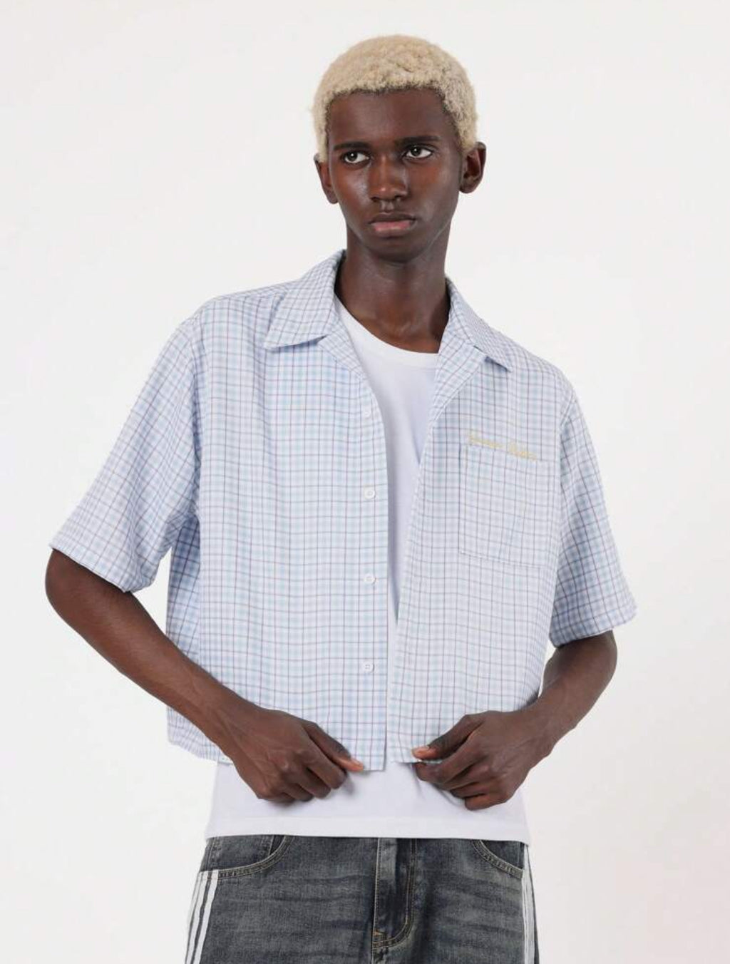 Boxy Fit Shirt with Creative Director Back Print in Checked Blue