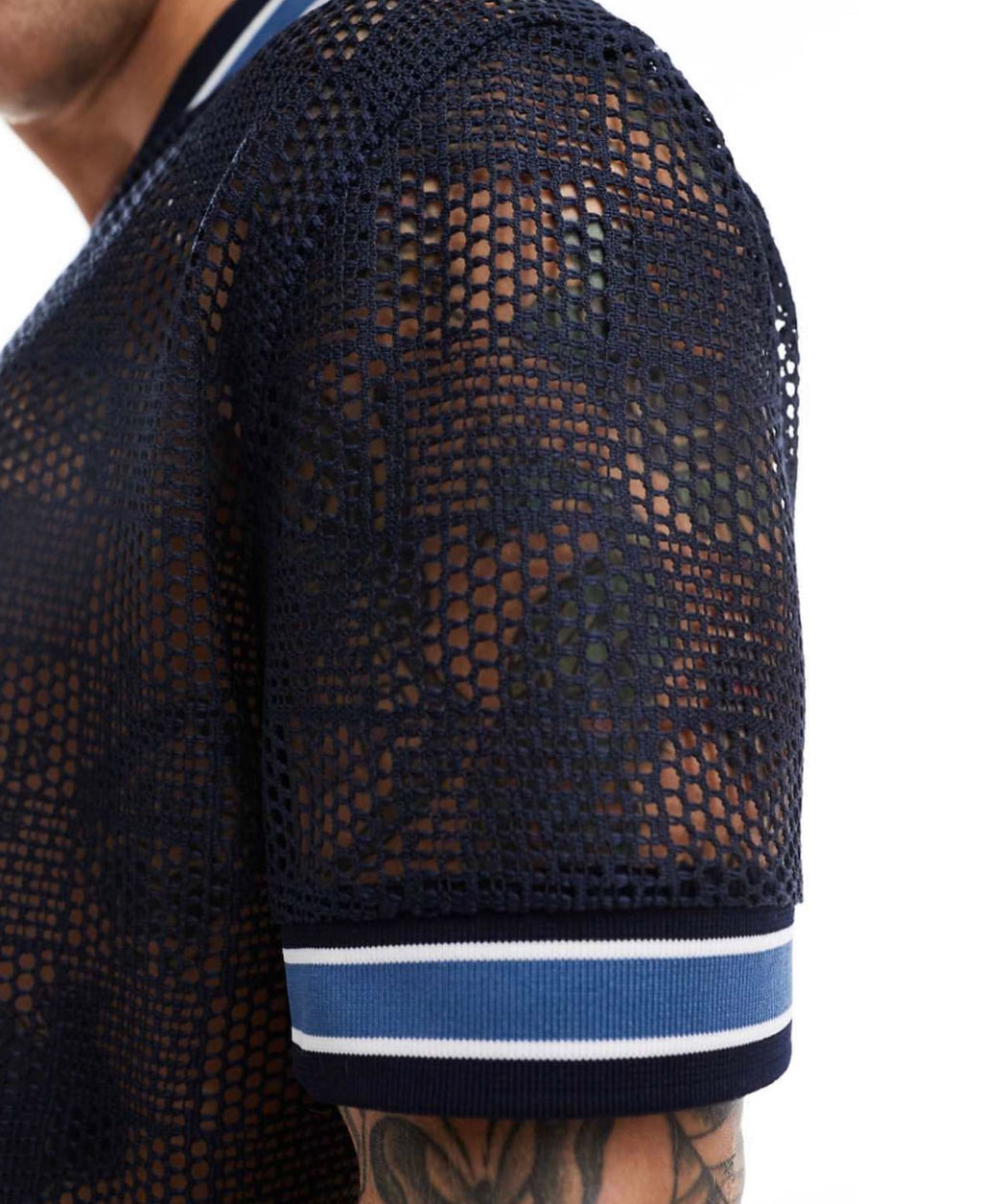 Open Knitted Shirt with Pipping Details in Navy