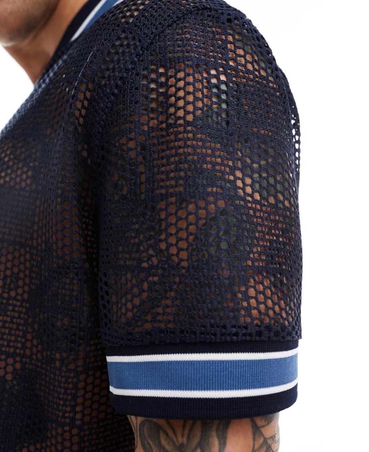 Open Knitted Shirt with Pipping Details in Navy