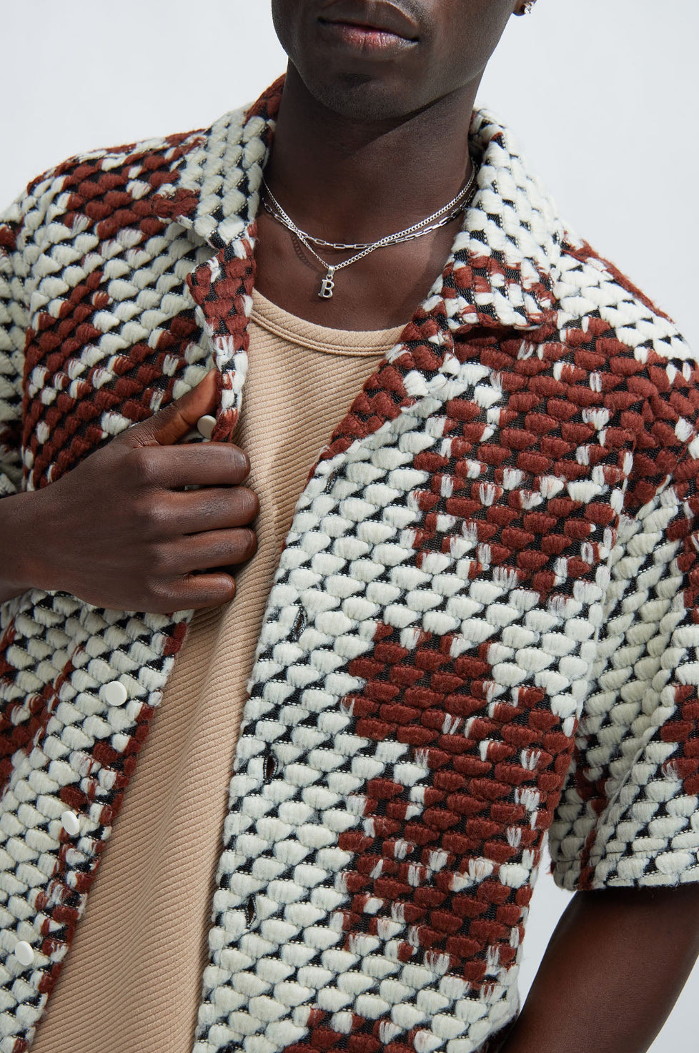 Crochet shirt in brown & white