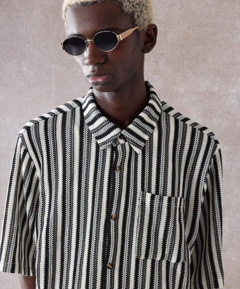 Knitted Boxy Fit Shirt in Striped Black and White