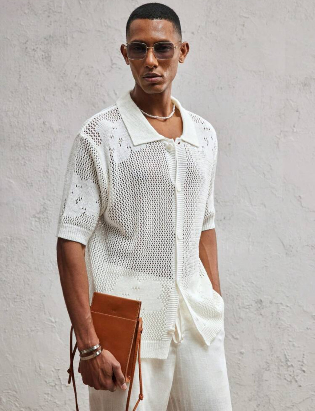 Knitted button up shirt in white