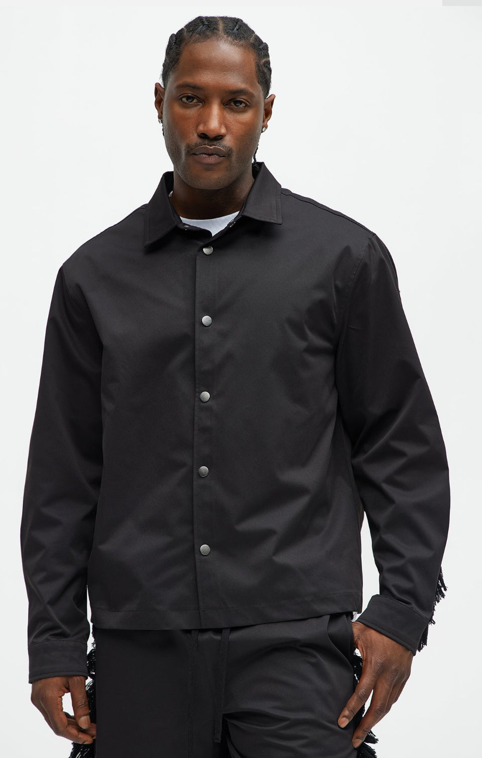 Frayed button up shacket in black