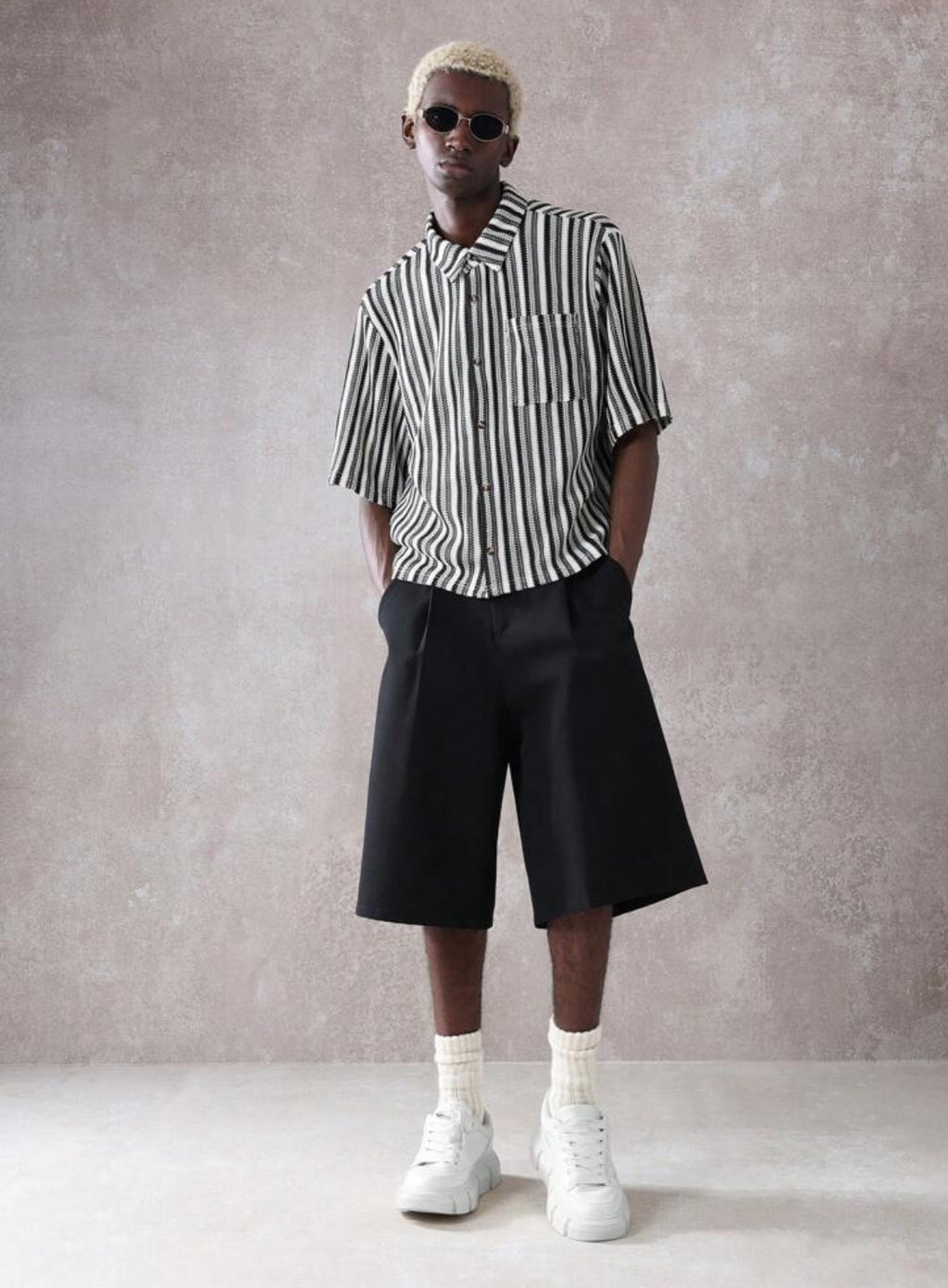 Knitted Boxy Fit Shirt in Striped Black and White