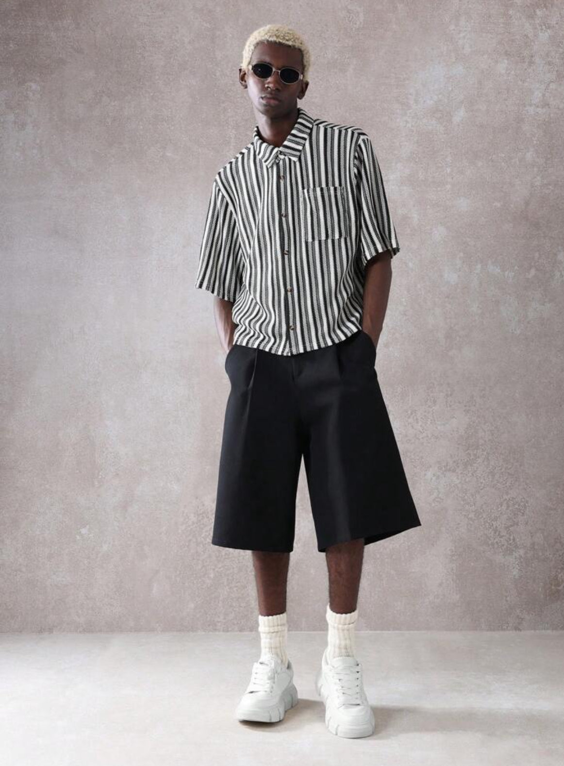 Knitted Boxy Fit Shirt in Striped Black and White